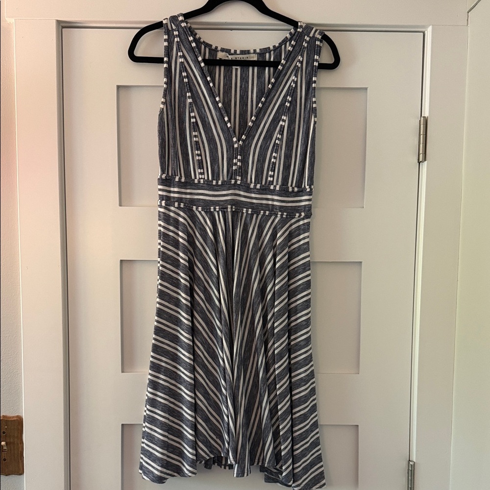 Max Studio Striped V-Neck Midi Dress in Navy and White